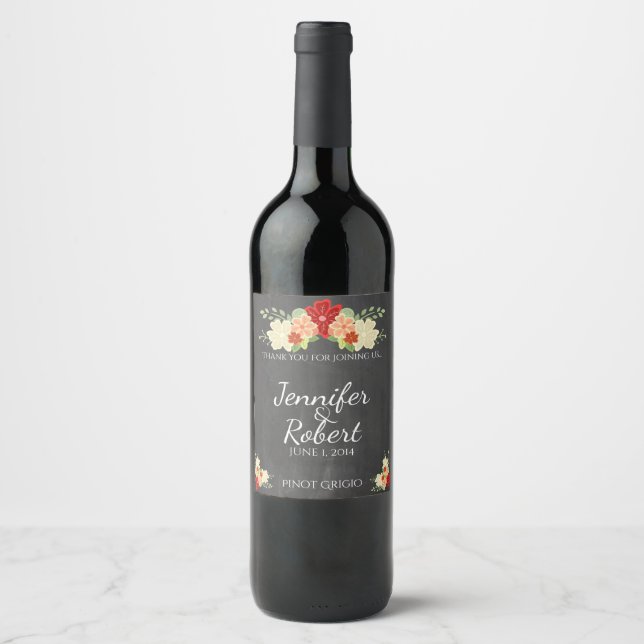 Blood Orange Flower Chalkboard Wedding Wine Label (Front)