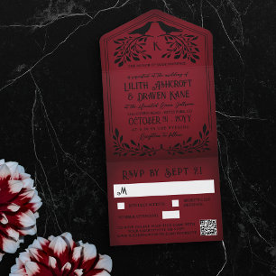 Blood Red Black Raven Monogram Goth Wedding All In One Invitation