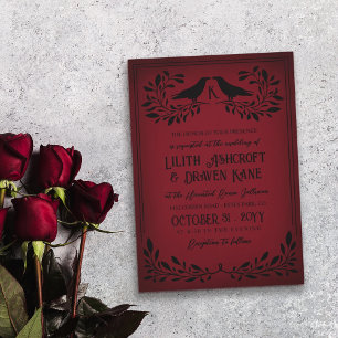Blood Red Black Raven Monogram Goth Wedding Invitation