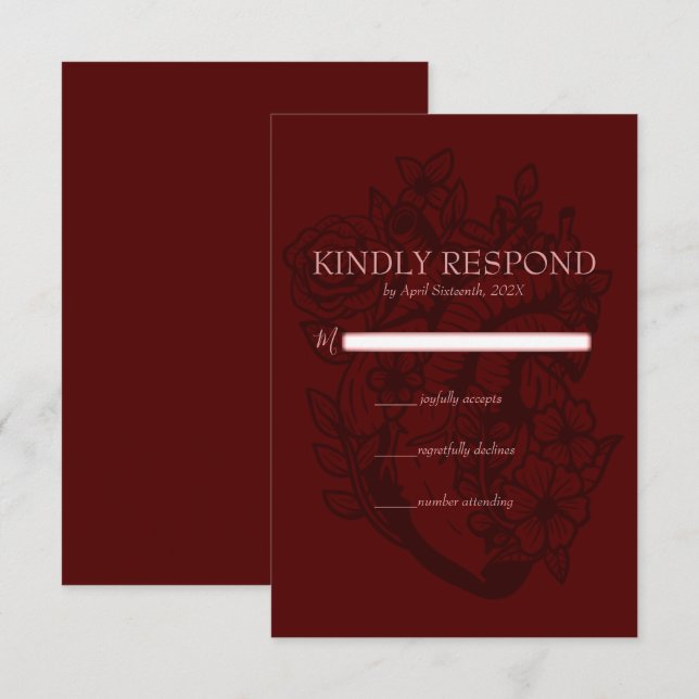 Blood Red Blooming Heart Elegant Gothic Wedding RSVP Card (Front/Back)