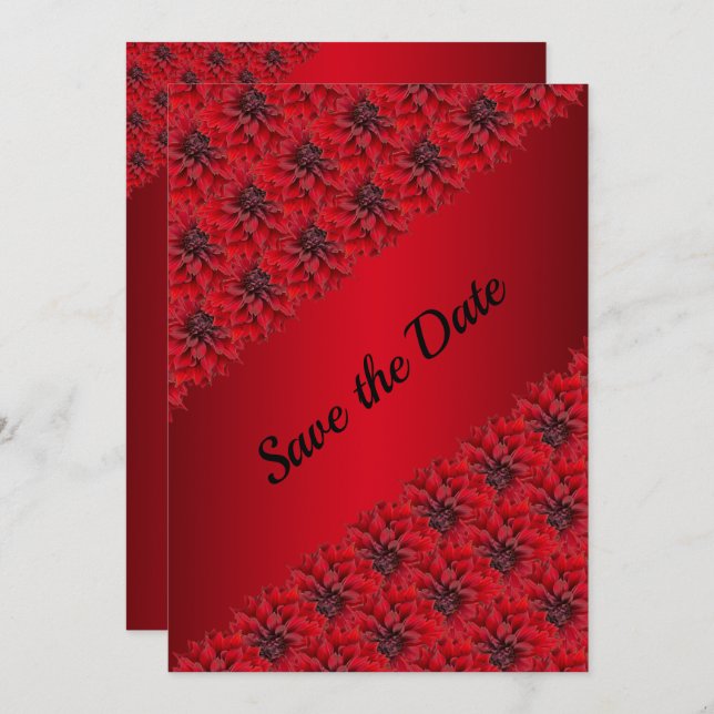Blood red dahlias in gothic style save the date (Front/Back)