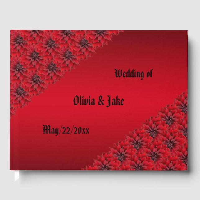 Blood red dahlias in gothic style wedding  guest book (Front)