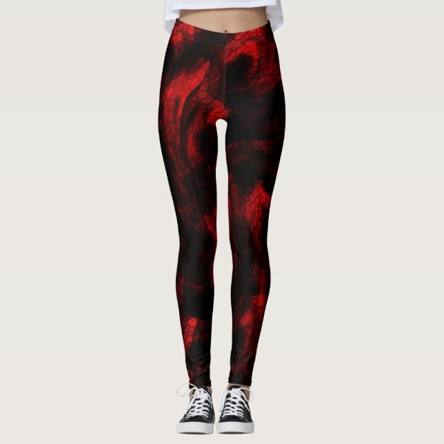 Blood Red Dragon Scales On Black Leggings (Front)