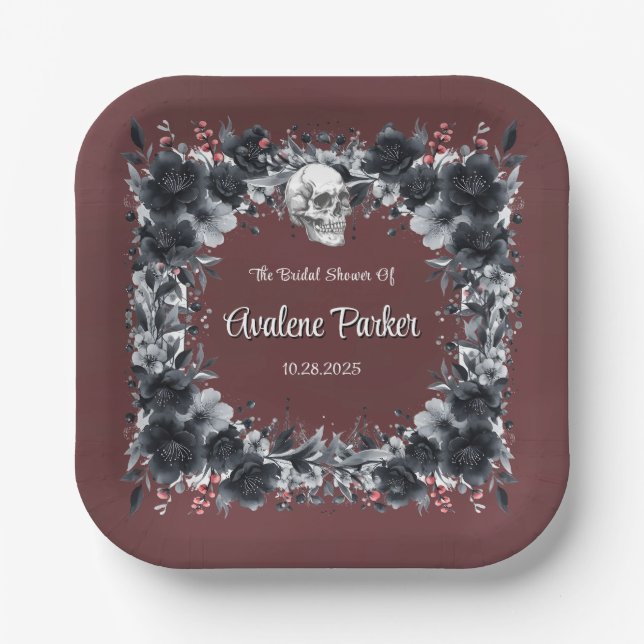 Blood Red Gothic Black Floral Bridal Shower Paper Plate (Front)
