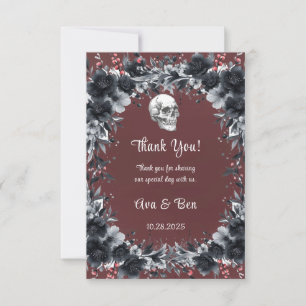 Blood Red Gothic Black Floral Skull Wedding Thank You Card