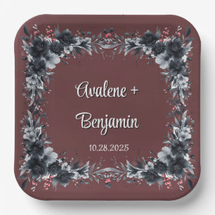 Blood Red Gothic Black Floral Wedding Paper Plate