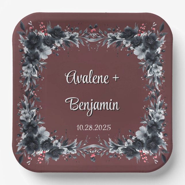 Blood Red Gothic Black Floral Wedding Paper Plate (Front)