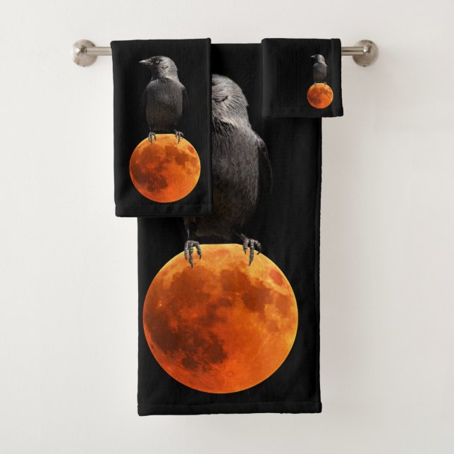 Blood Red Moon and Raven Bath Towel Set (Insitu)