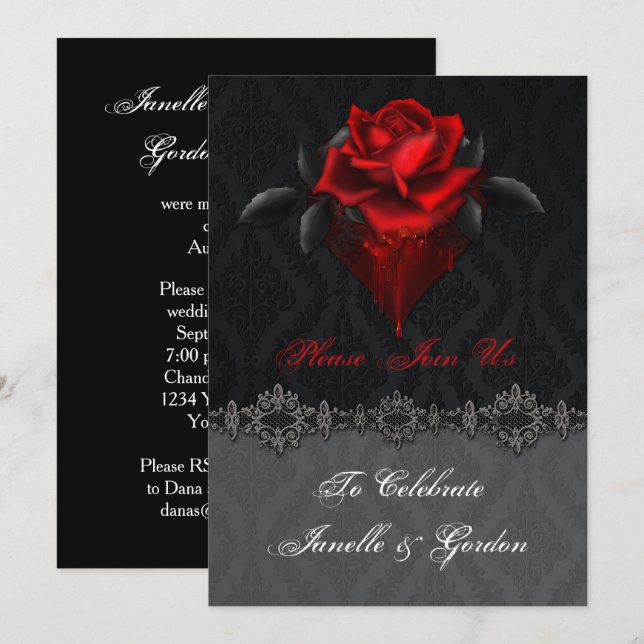 Blood Red Roses Black Damask Reception Only Invitation (Front/Back)