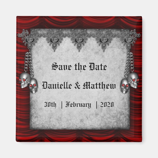 Blood Red Silk Silver Skulls Gothic Save the Date Magnet (Front)