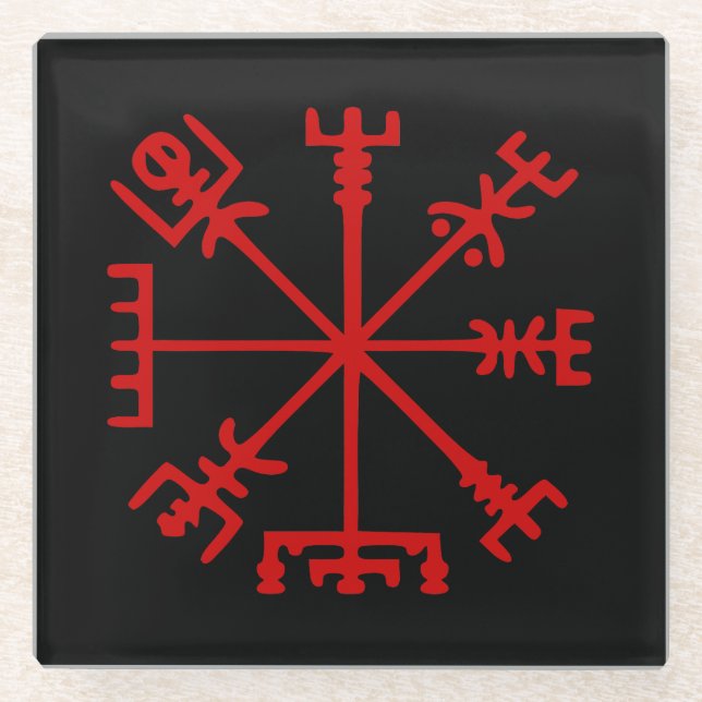 Blood Red Vegvísir (Viking Compass) Glass Coaster (Front)