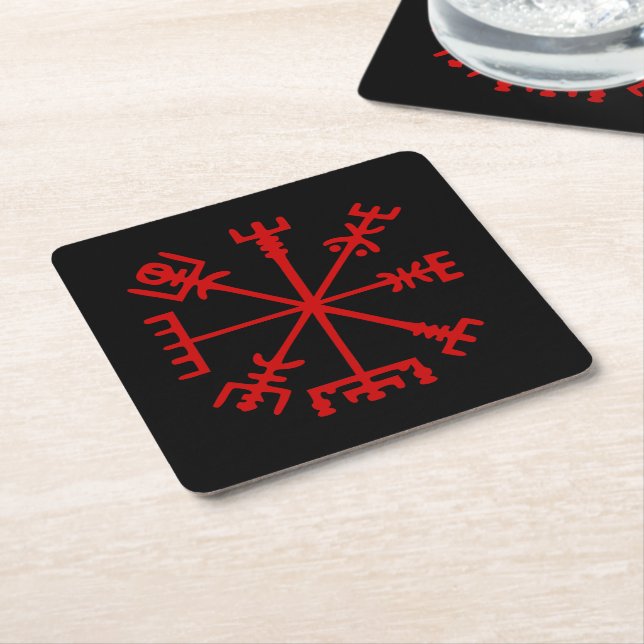 Blood Red Vegvísir (Viking Compass) Square Paper Coaster (Angled)