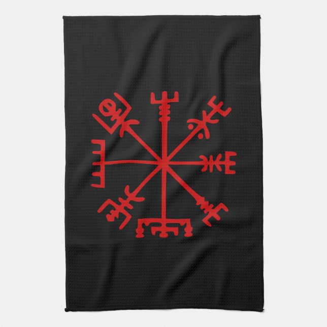 Blood Red Vegvísir (Viking Compass) Tea Towel (Vertical)