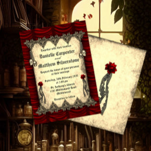 Blood Roses Red Silk and Gold Skulls Wedding Invitation