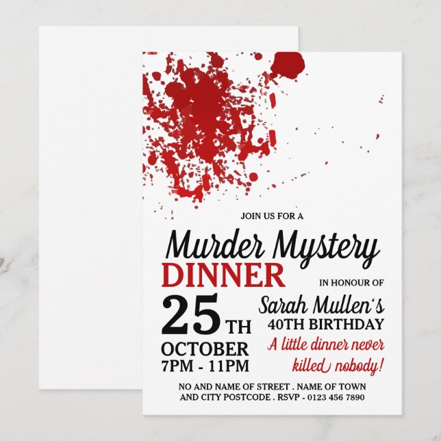 Blood Splatter, Murder Mystery Birthday Dinner Invitation (Front/Back)
