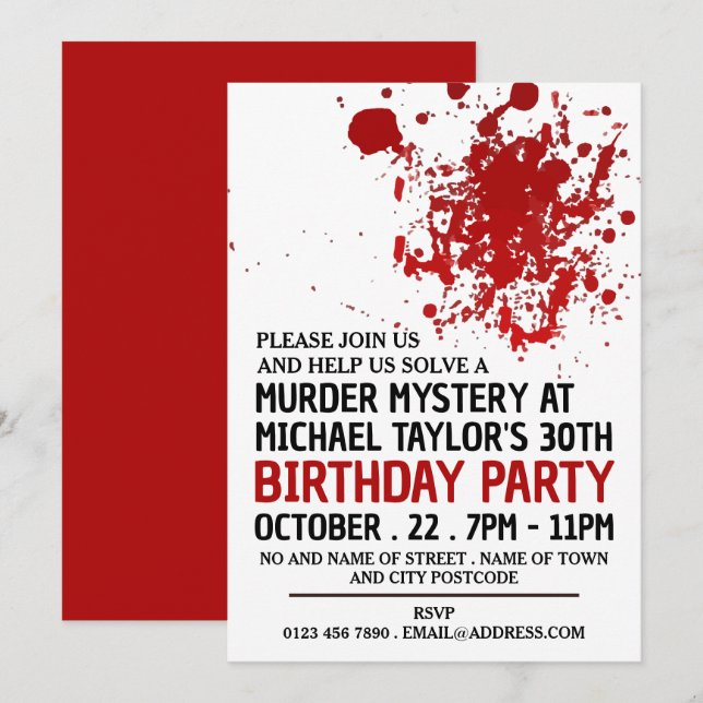 Blood Splatter, Murder Mystery Birthday Party Invitation (Front/Back)