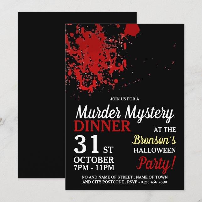 Blood Splatter, Murder Mystery Halloween Dinner Invitation (Front/Back)