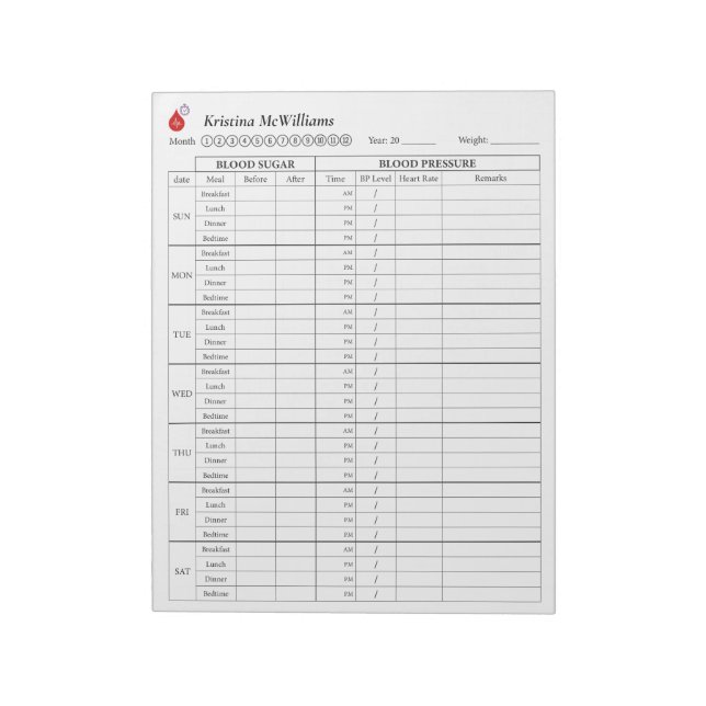 Blood Sugar and Blood Pressure Tracker Personalise Notepad (Rotated)