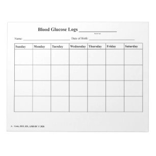 Blood Sugar Log Notepad - Monthly Calendar Style