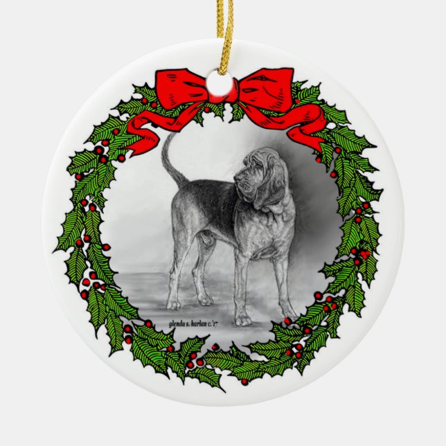Bloodhound Art by Glenda S. Harlan Ceramic Tree Decoration (Front)