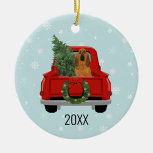 Bloodhound Dog Christmas Red Truck Ceramic Tree Decoration