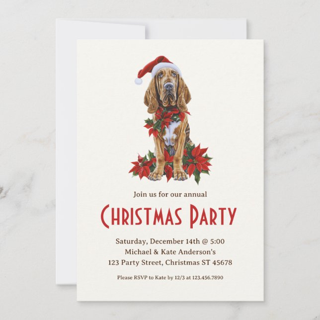 Bloodhound Dog in a Santa Hat Pet Christmas Party Invitation (Front)