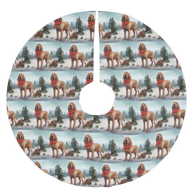 Bloodhound Dog in Snow Christmas Brushed Polyester Tree Skirt (Front)
