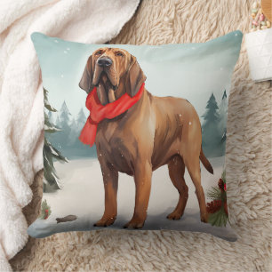 Bloodhound Dog in Snow Christmas Cushion