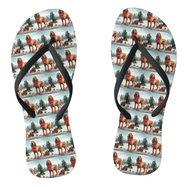 Bloodhound Dog in Snow Christmas Flip Flops (Footbed)