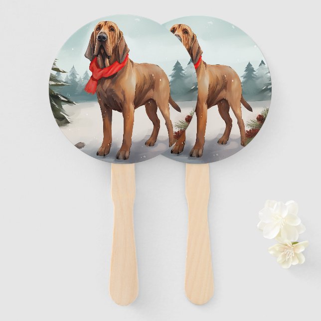 Bloodhound Dog in Snow Christmas Hand Fan (Front and Back)