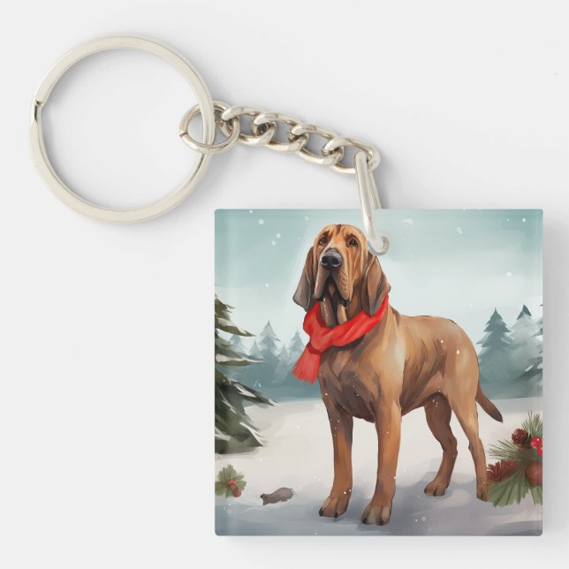 Bloodhound Dog in Snow Christmas Key Ring (Front)
