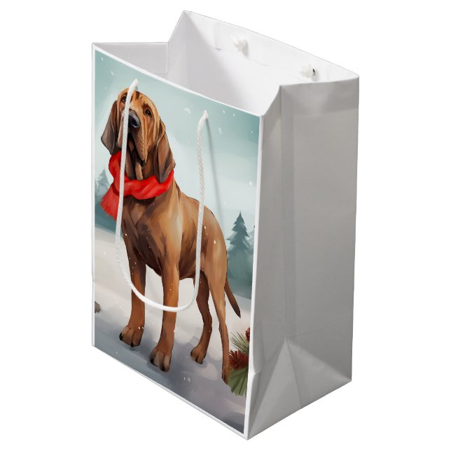 Bloodhound Dog in Snow Christmas Medium Gift Bag (Front Angled)