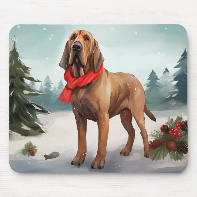 Bloodhound Dog in Snow Christmas Mouse Mat (Front)