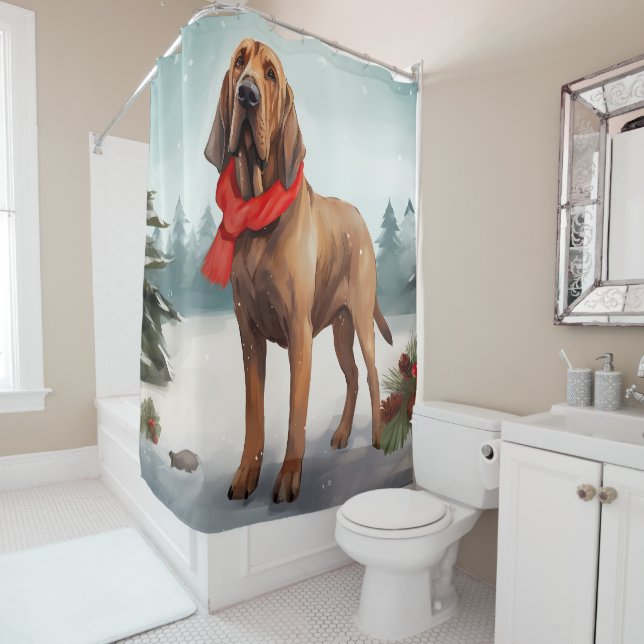 Bloodhound Dog in Snow Christmas Shower Curtain (In Situ)