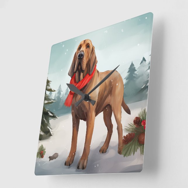 Bloodhound Dog in Snow Christmas Square Wall Clock (Angle)