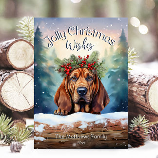 Bloodhound Dog in Snowy Forest Jolly Christmas Holiday Card