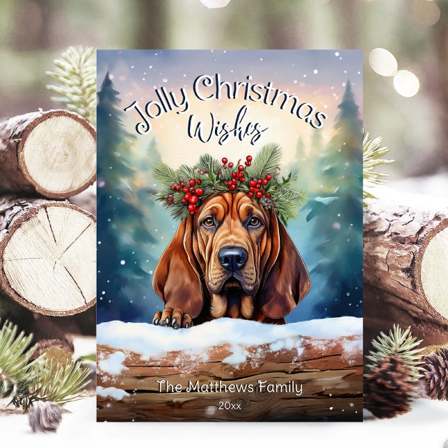 Bloodhound Dog in Snowy Forest Jolly Christmas Holiday Card (Adorable Winter Snowy Scene With Peeking Dogs or Farm/Woodland Animals - Over 50 to Choose From!)