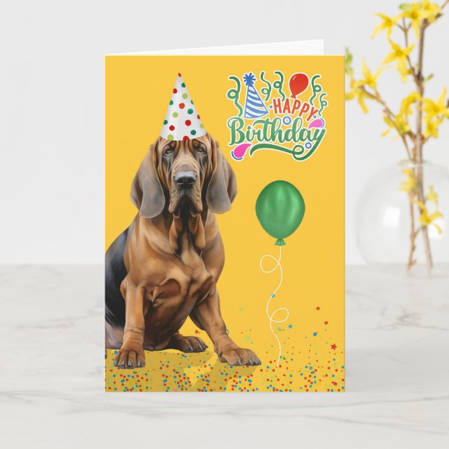 Bloodhound Dog Party Hat Yellow Birthday Card (Yellow Flower)