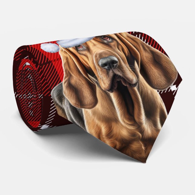 Bloodhound Dog Red Holiday Plaid Christmas Tie (Rolled)