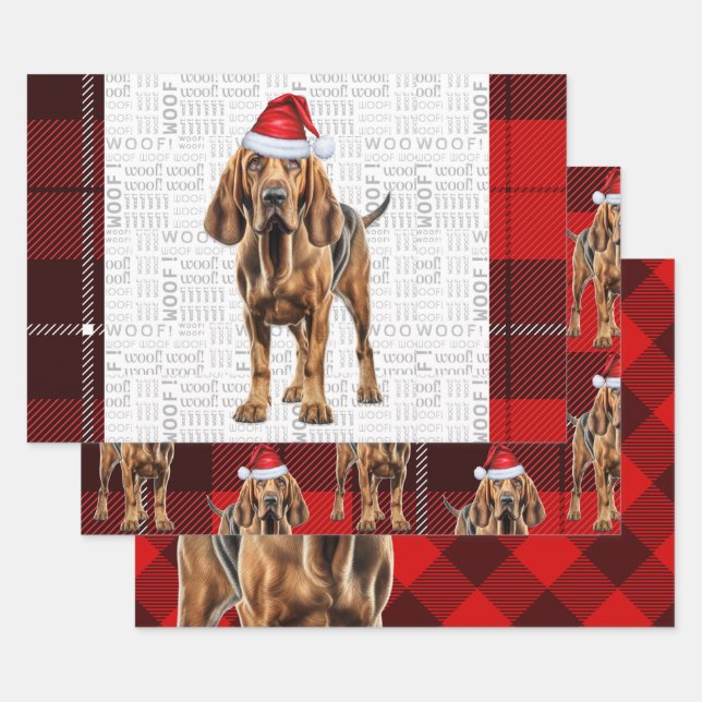 Bloodhound Dog Red Holiday Plaid Christmas Wrapping Paper Sheet (Set)