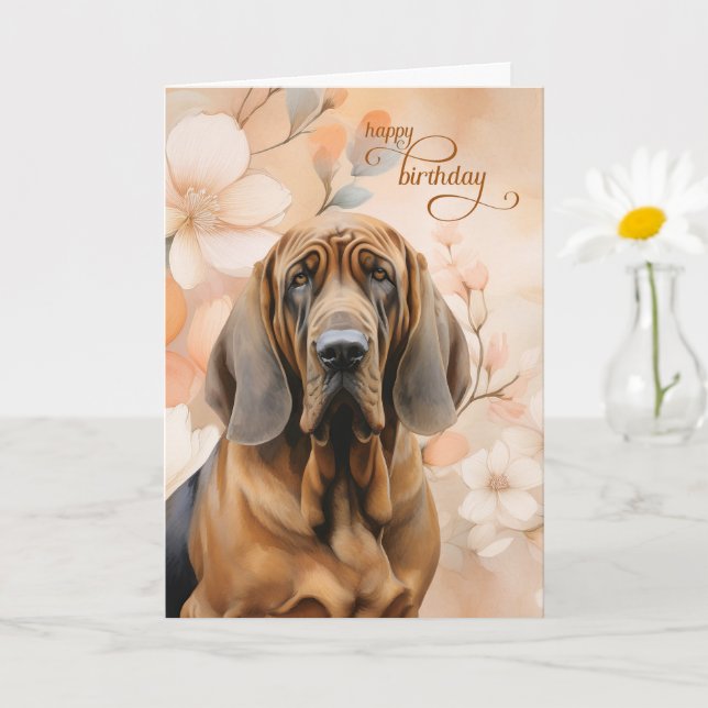 Bloodhound Dog Soft Peach Blossoms Birthday Card (Small Plant)