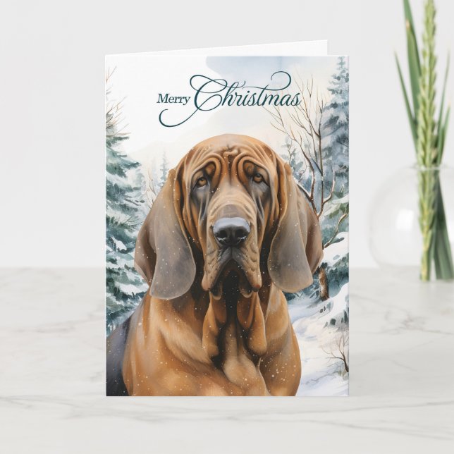Bloodhound Dog Winter Woodland Forest Christmas Holiday Card (Front)