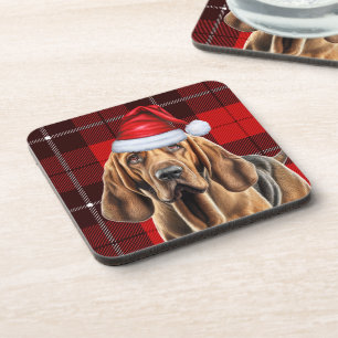 Bloodhound Dog with Red Holiday Plaid Coaster