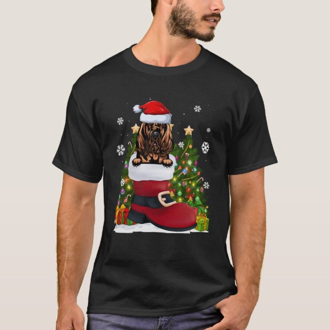 Bloodhound in the Shoe Santa Hat Ugly Christmas Sw T-Shirt (Front)