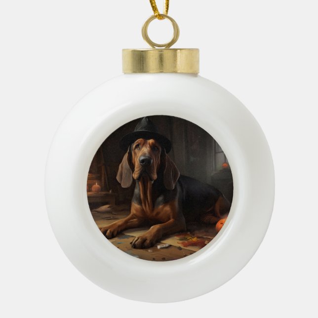 Bloodhound Pumpkins Halloween Scary  Ceramic Ball Christmas Ornament (Front)