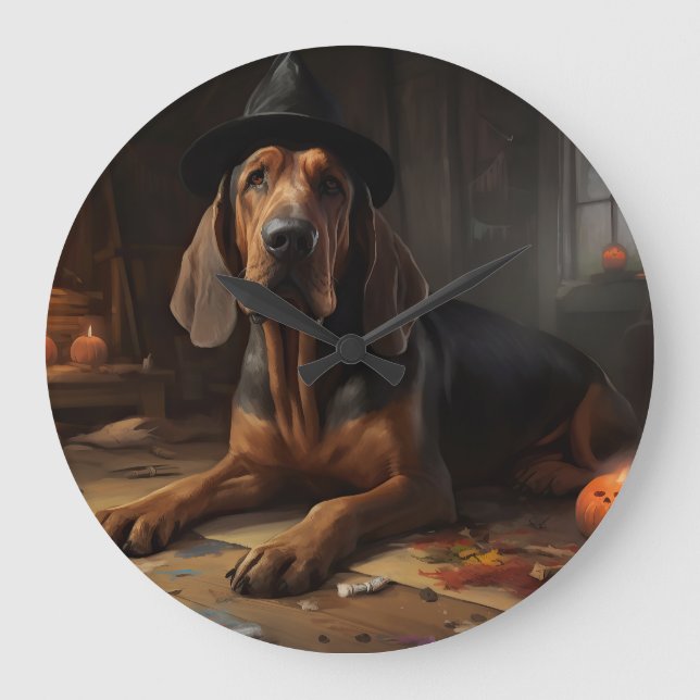 Bloodhound Pumpkins Halloween Scary  Large Clock (Front)