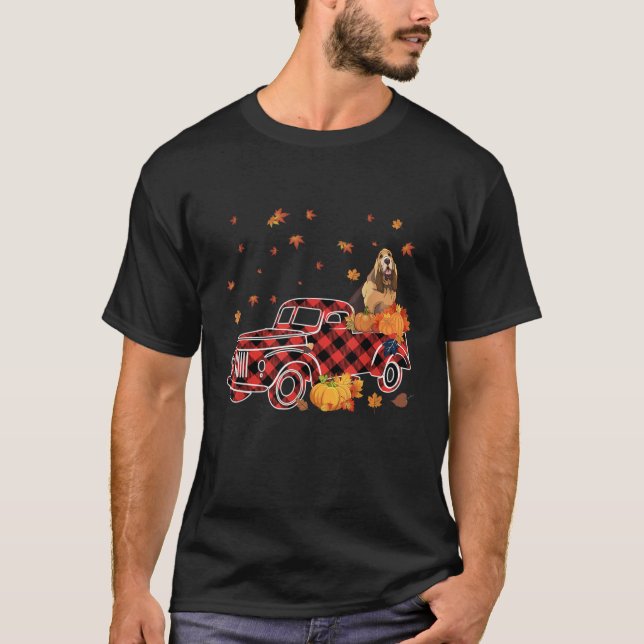 Bloodhound Riding Leopard Plaid Truck Thanksgiving T-Shirt (Front)