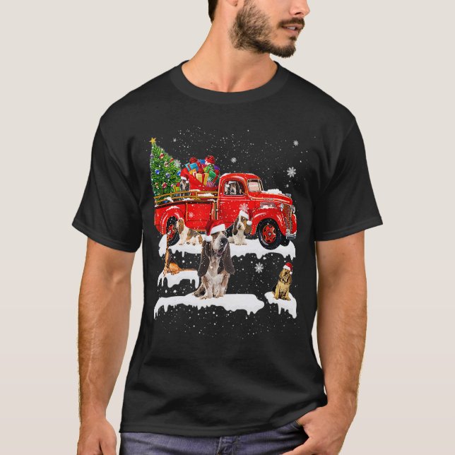 Bloodhound Riding Red Truck Xmas Merry Christmas T-Shirt (Front)