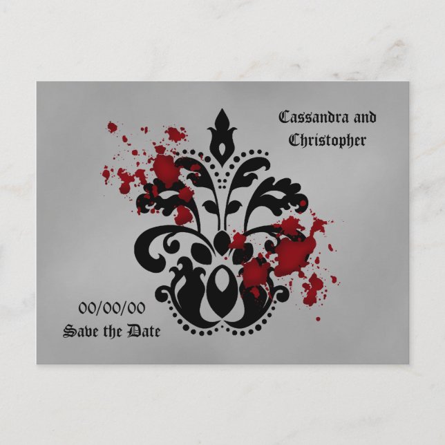 Bloody damask save the date announcement postcard (Front)