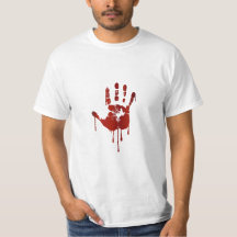 Bloody halloween hand | text on back man's shirt